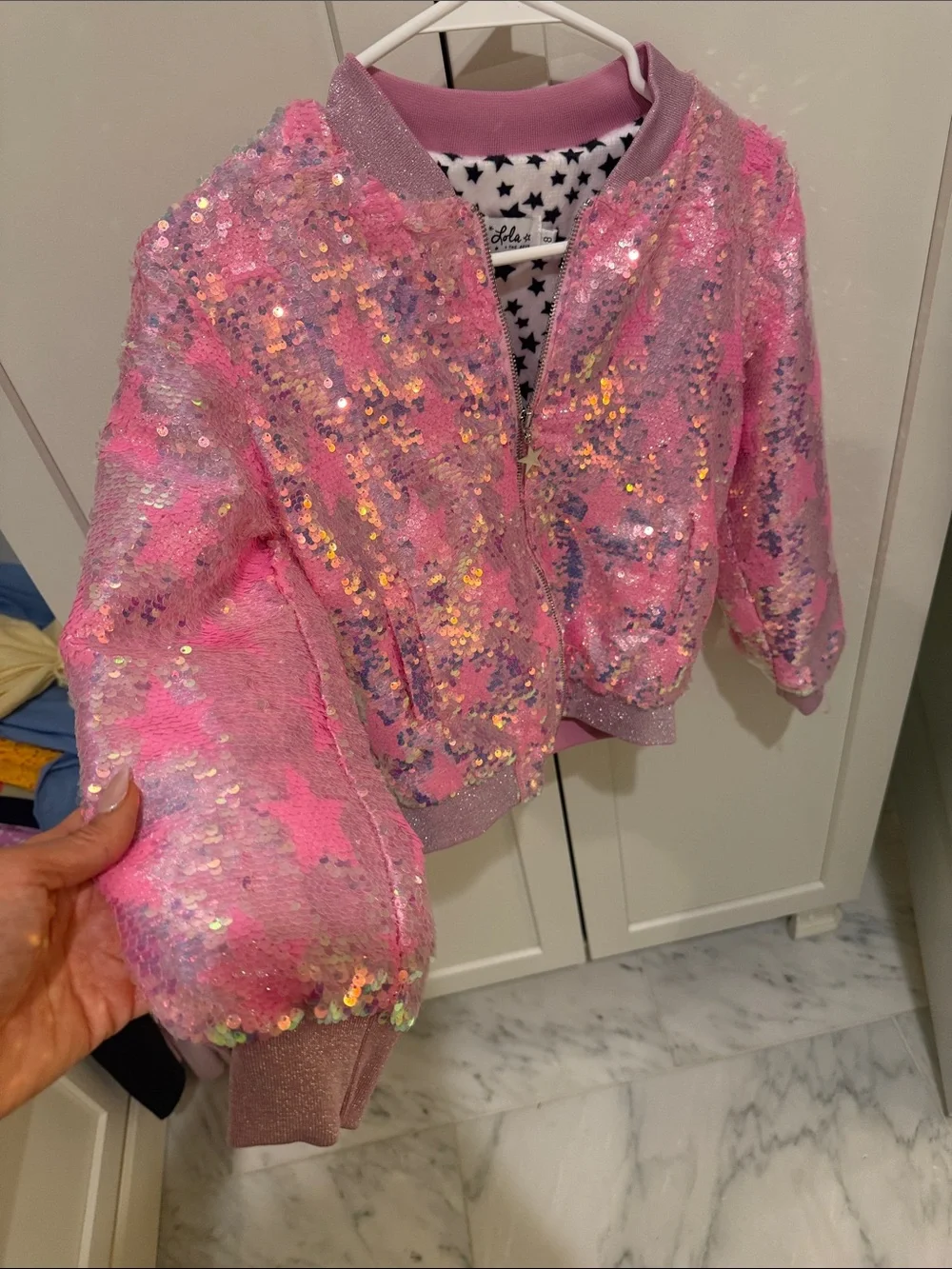 Lola + The Boys Pink Sequin Bomber Jacket